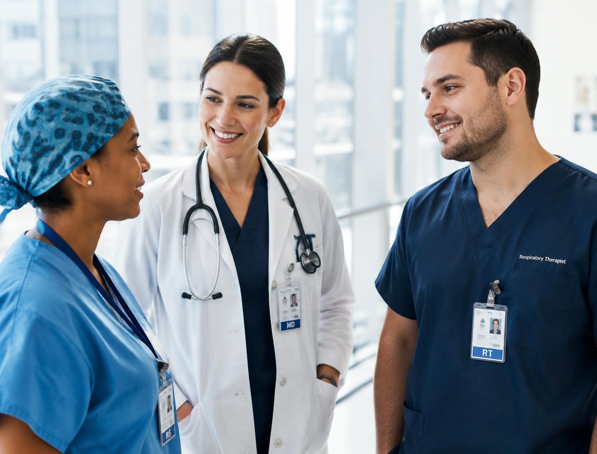Surgical tech, physician and respiratory therapist talking in a hospital